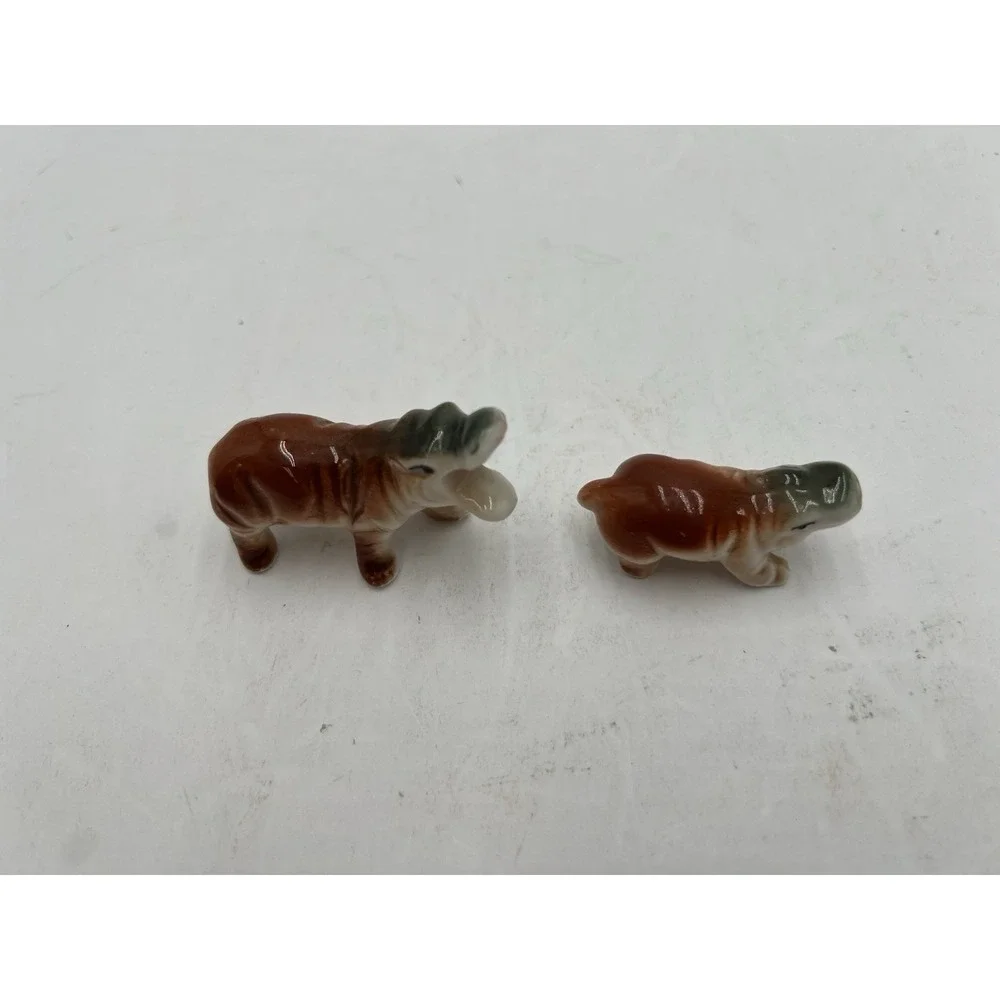 Vintage Miniature Porcelain Hippopotamus Figurines Pair Adult Baby Hippo